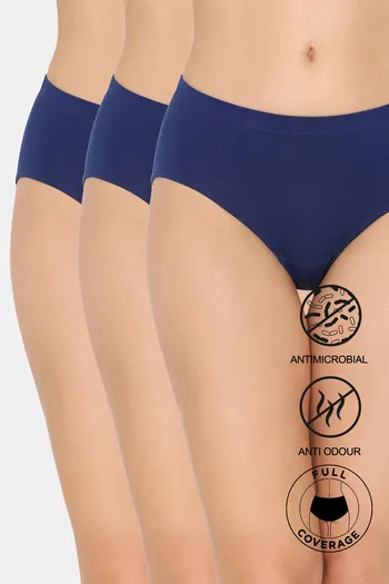 Buy Zivame Anti-Microbial Medium Rise Full Coverage Hipster Panty (Pack of 3) - Blue Depth